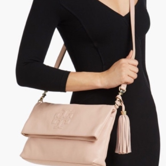Tory Burch Thea Pebbled Leather Fold Over Crossbody/Clutch W/ Tassel Blush Pink - Picture 2 of 16